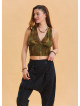 V Neck Gipe Detailed Back Tie Khaki Summer Blouse 4510